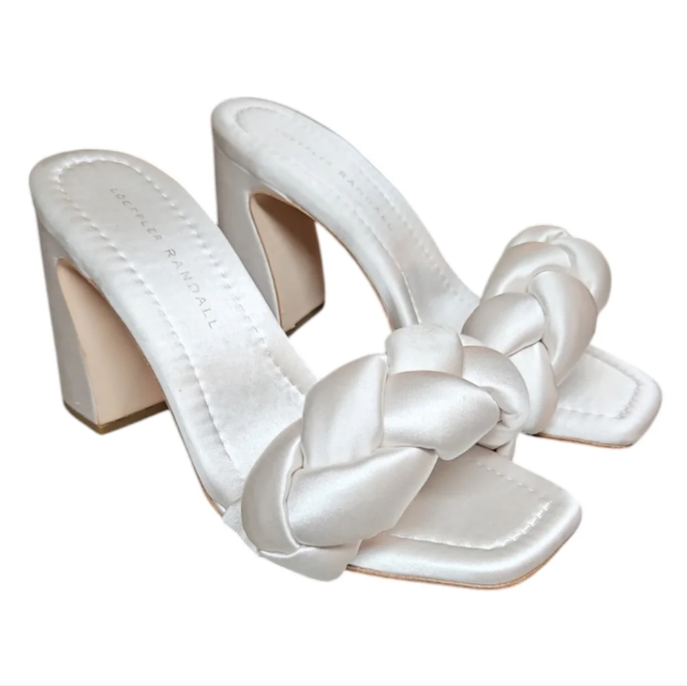 LOEFFLER RANDALL | Cream Satin Braided Strap Block Heel Sandals 6